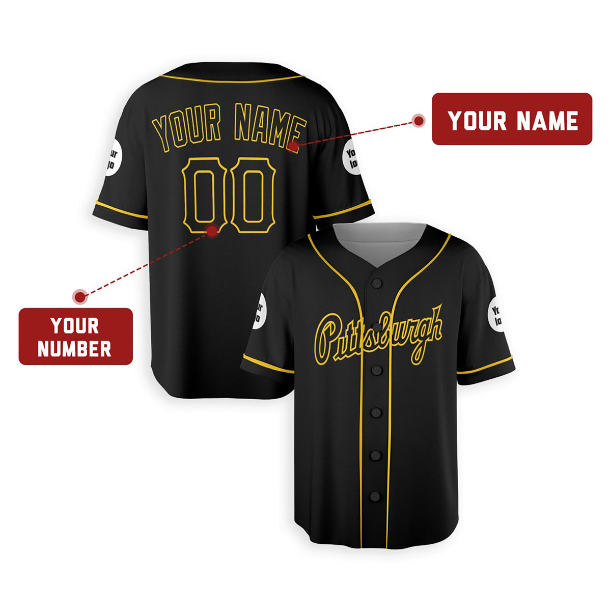 Personalized Pittsburgh Baseball Jersey – Black City Style, Custom Name & Number for Kids & Adults-2