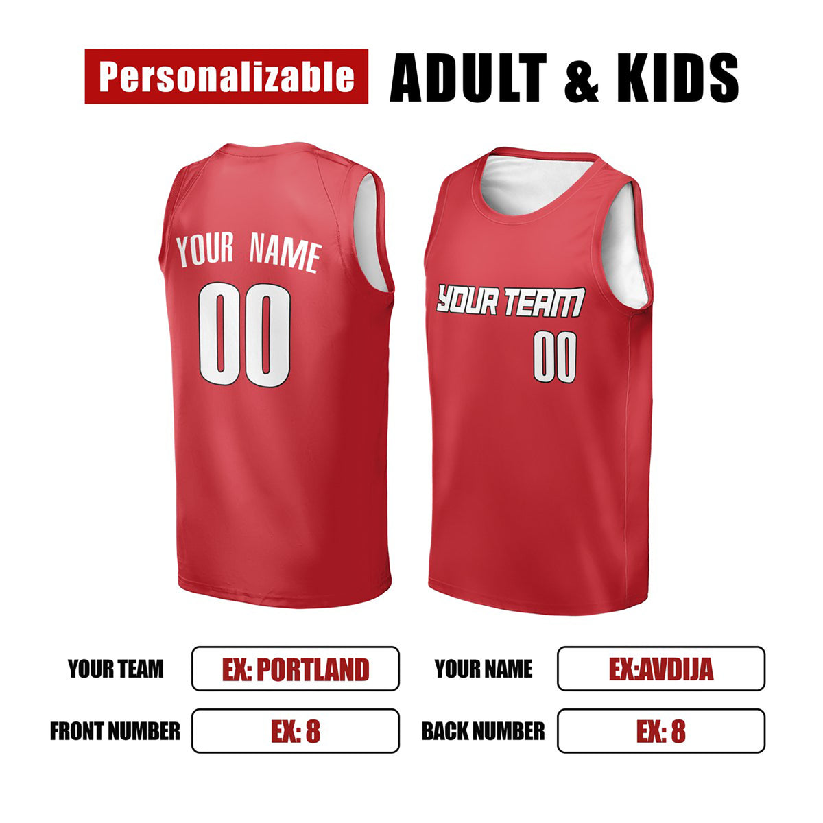 Personalized Portland Red Basketball Jersey – Custom Name & Number, Kids Youth Adults-2