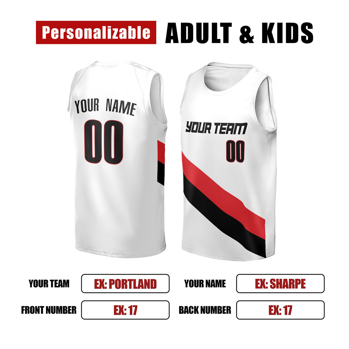 Personalized Portland White Basketball Jersey – Custom Name & Number, Kids Youth Adults-2