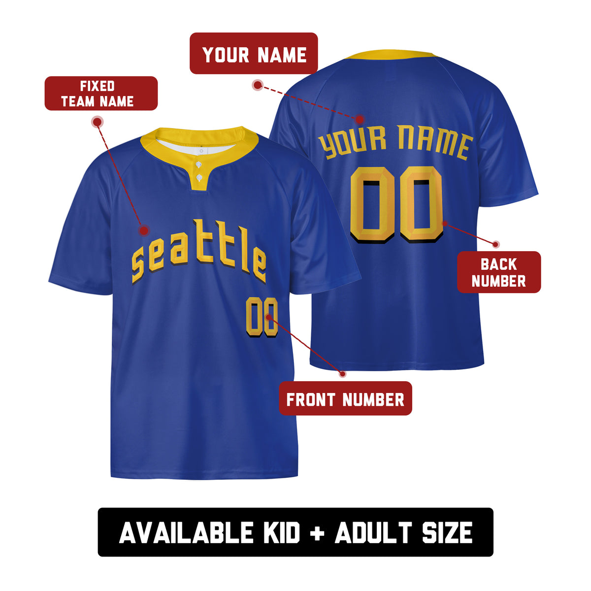 Personalized Seattle Two-Button Baseball Jersey – City-Inspired Style, Custom Name & Number for Men, Women & Youth-2