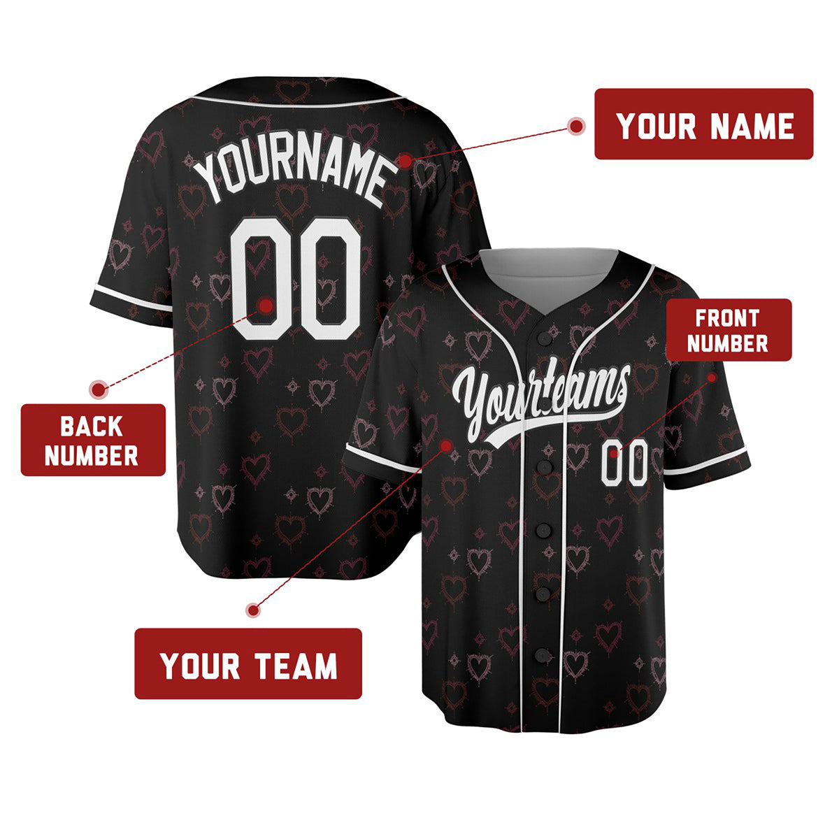 Personalized Valentine Baseball Jersey – Black Grunge Heart Style, Matching Couples Outfit for Kids & Adults-2