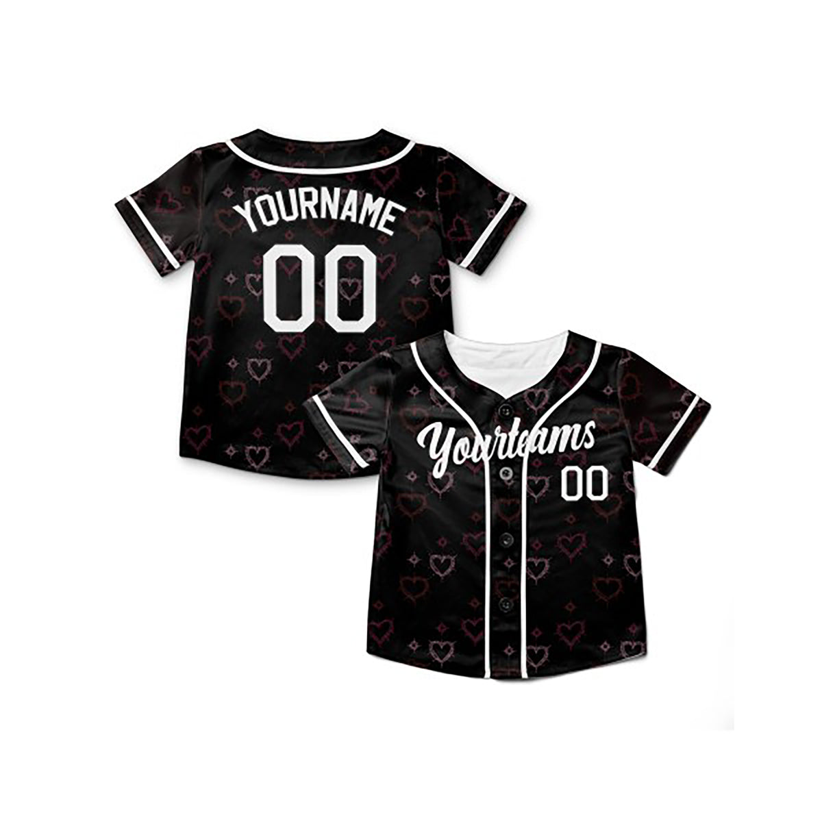 Personalized Valentine Baseball Jersey – Black Grunge Heart Style, Matching Couples Outfit for Kids & Adults-6