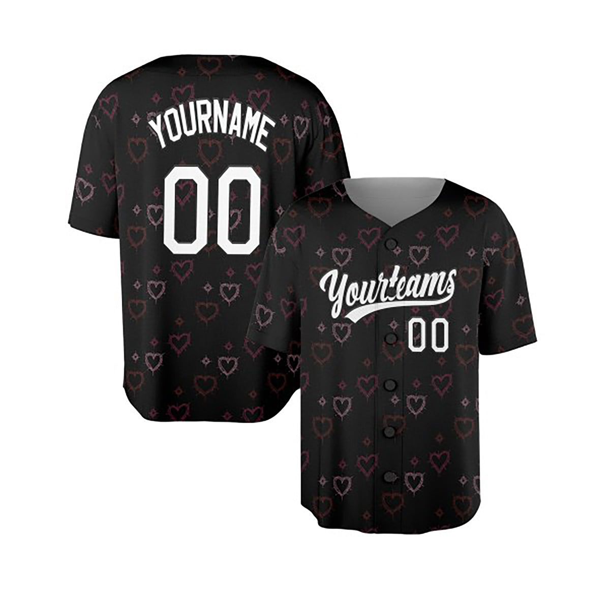 Personalized Valentine Baseball Jersey – Black Grunge Heart Style, Matching Couples Outfit for Kids & Adults-3