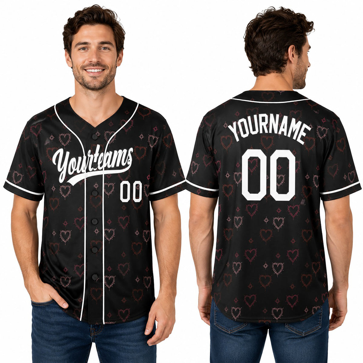 Personalized Valentine Baseball Jersey – Black Grunge Heart Style, Matching Couples Outfit for Kids & Adults-1