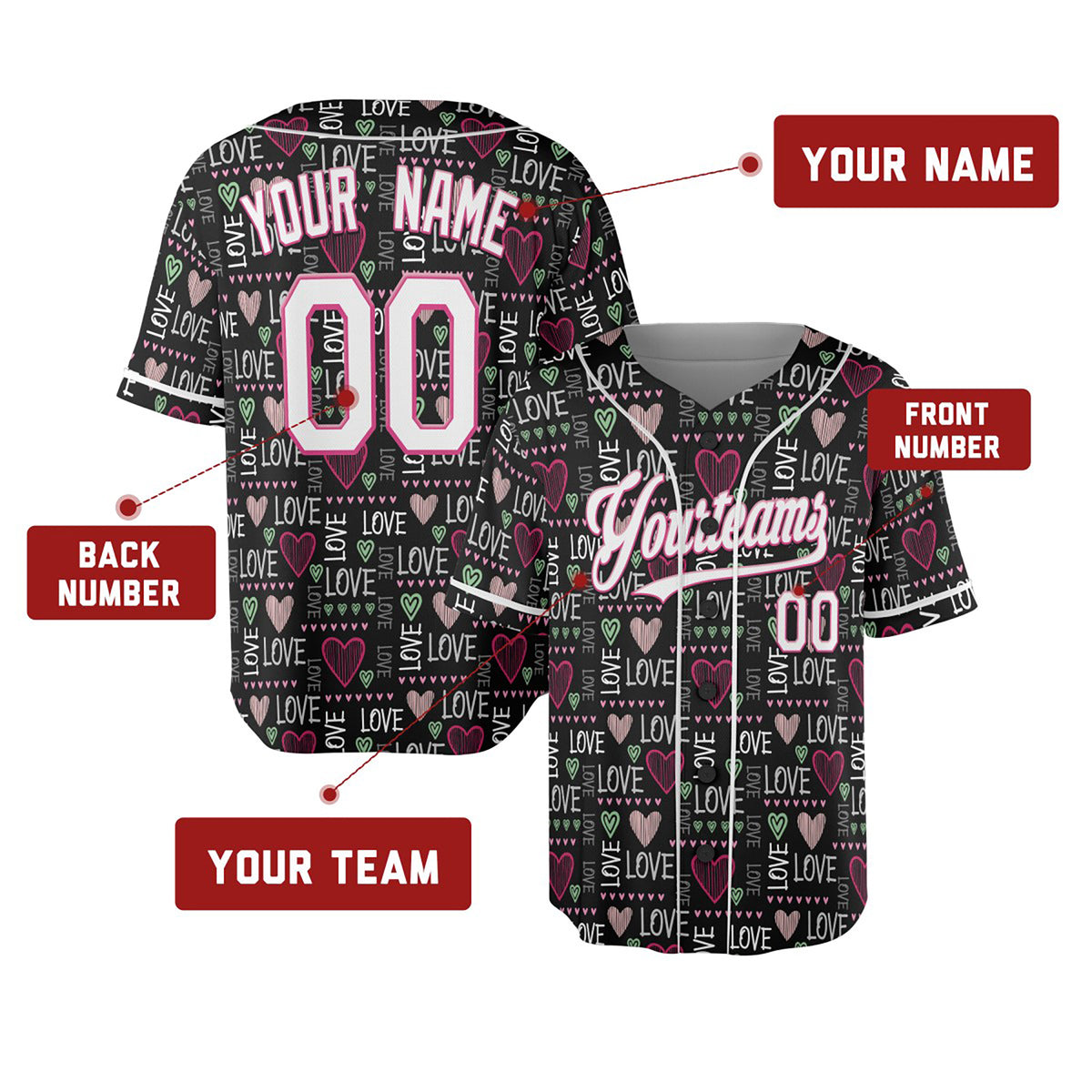 Personalized Valentine Baseball Jersey – Black Love Word Style, Matching Couples Outfit for Kids & Adults-2
