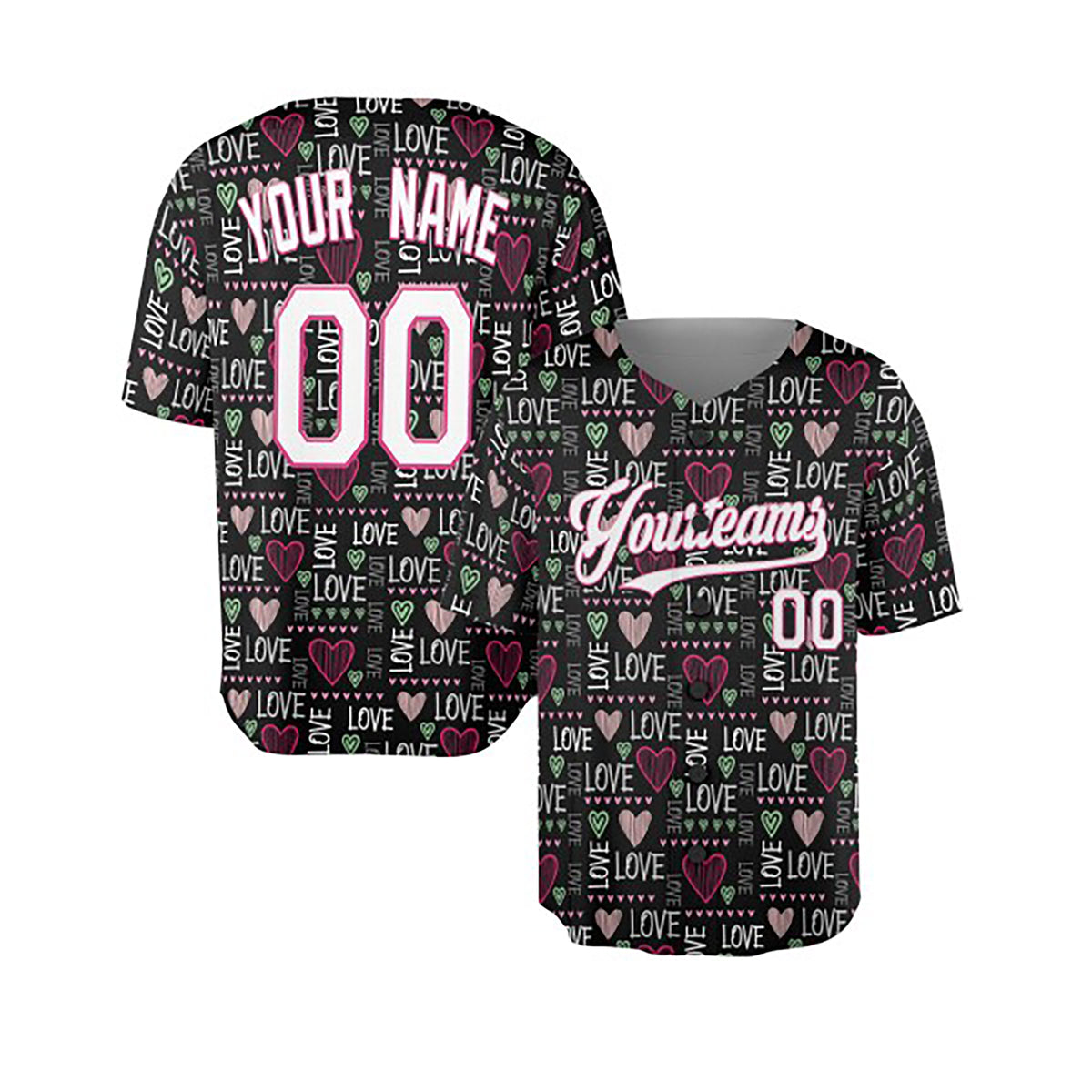 Personalized Valentine Baseball Jersey – Black Love Word Style, Matching Couples Outfit for Kids & Adults-4