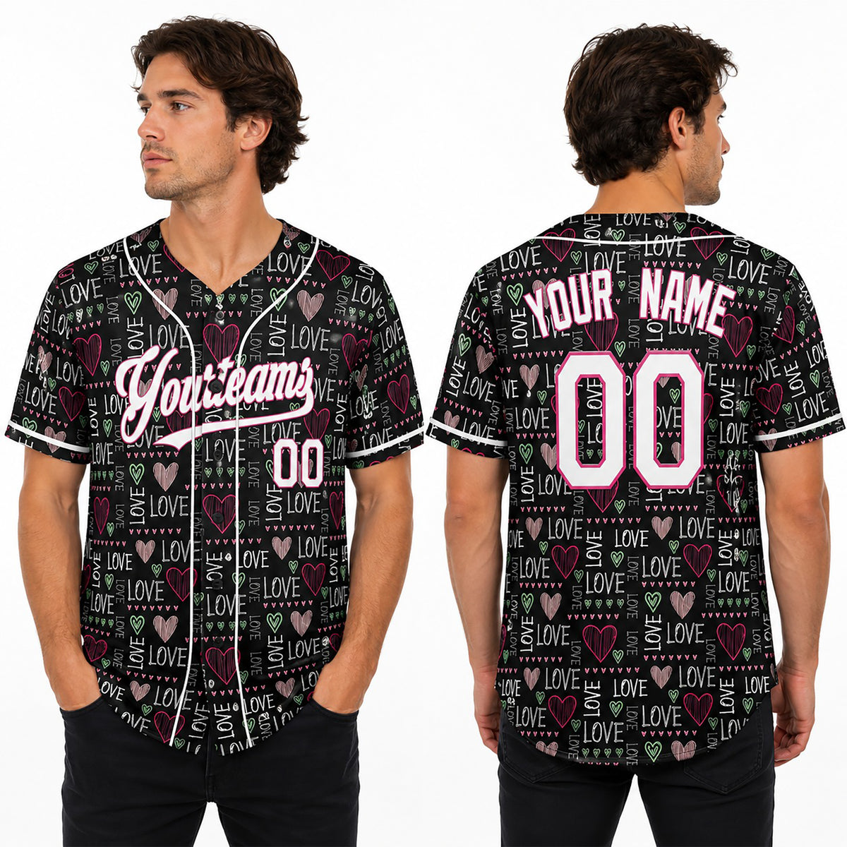 Personalized Valentine Baseball Jersey – Black Love Word Style, Matching Couples Outfit for Kids & Adults-1