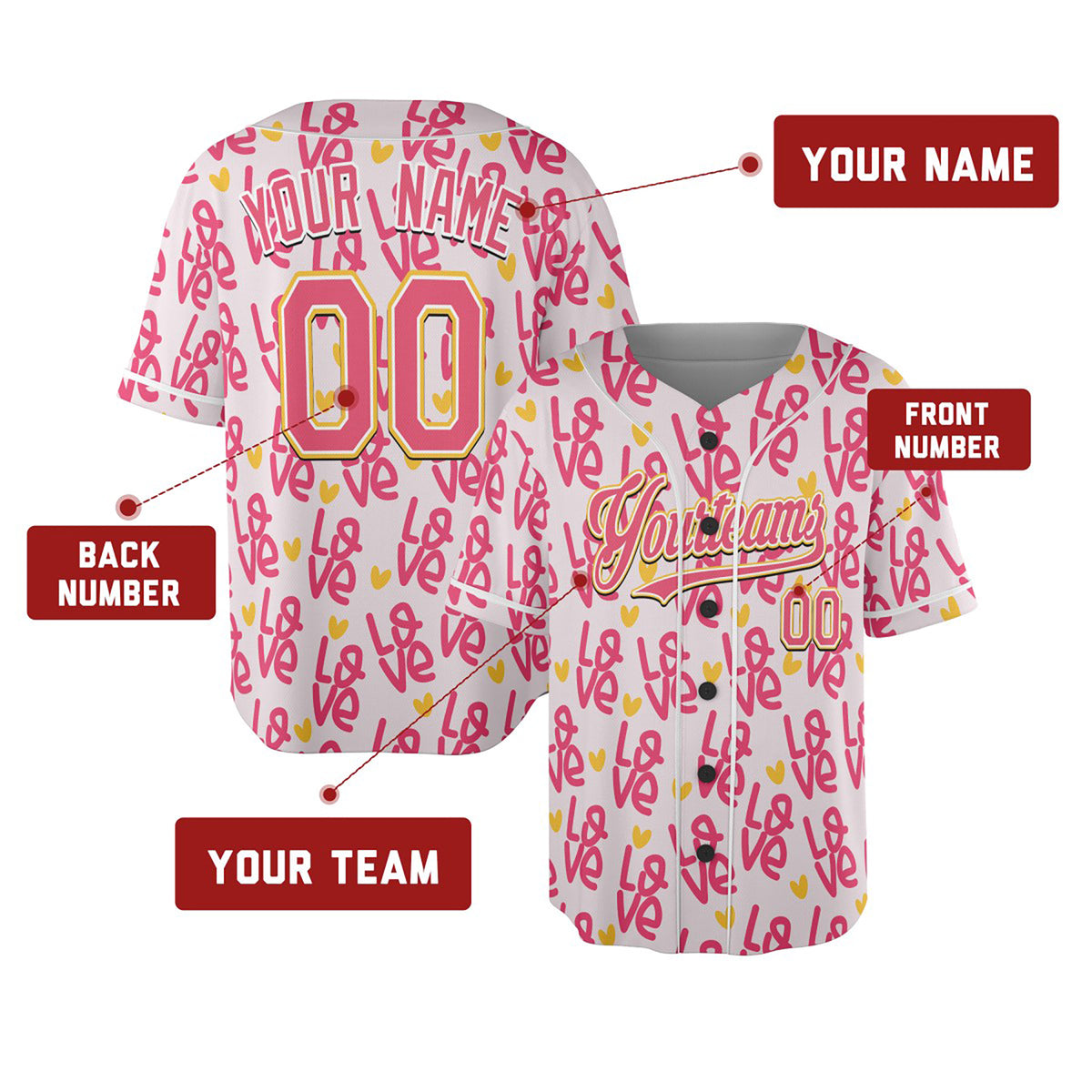 Personalized Valentine Baseball Jersey – Pink Doodle Heart Style, Matching Couples Outfit for Kids & Adults-2