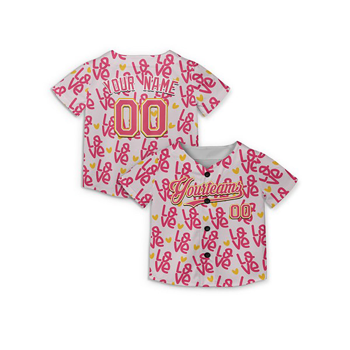Personalized Valentine Baseball Jersey – Pink Doodle Heart Style, Matching Couples Outfit for Kids & Adults-5