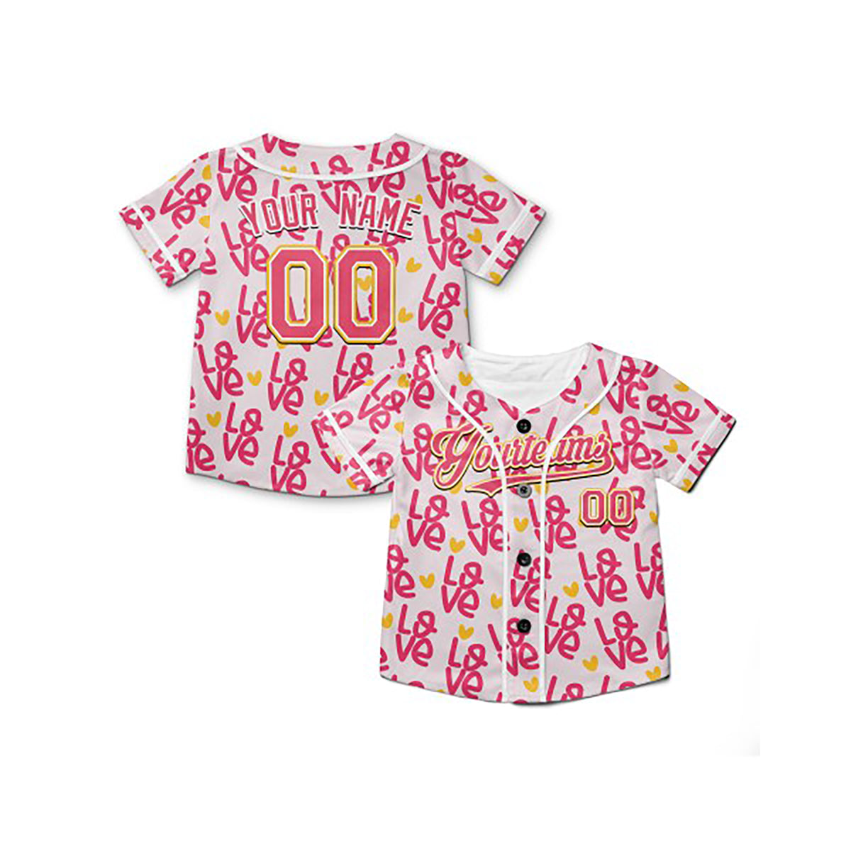 Personalized Valentine Baseball Jersey – Pink Doodle Heart Style, Matching Couples Outfit for Kids & Adults-6