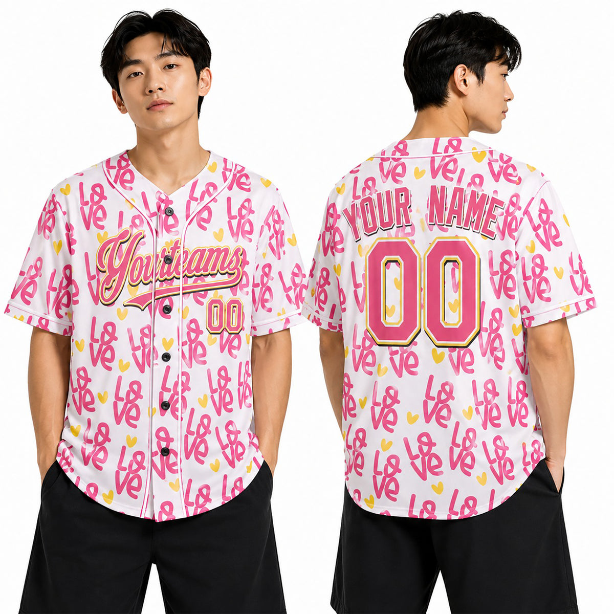 Personalized Valentine Baseball Jersey – Pink Doodle Heart Style, Matching Couples Outfit for Kids & Adults-1