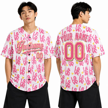 Personalized Valentine Baseball Jersey – Pink Doodle Heart Style, Matching Couples Outfit for Kids & Adults-1
