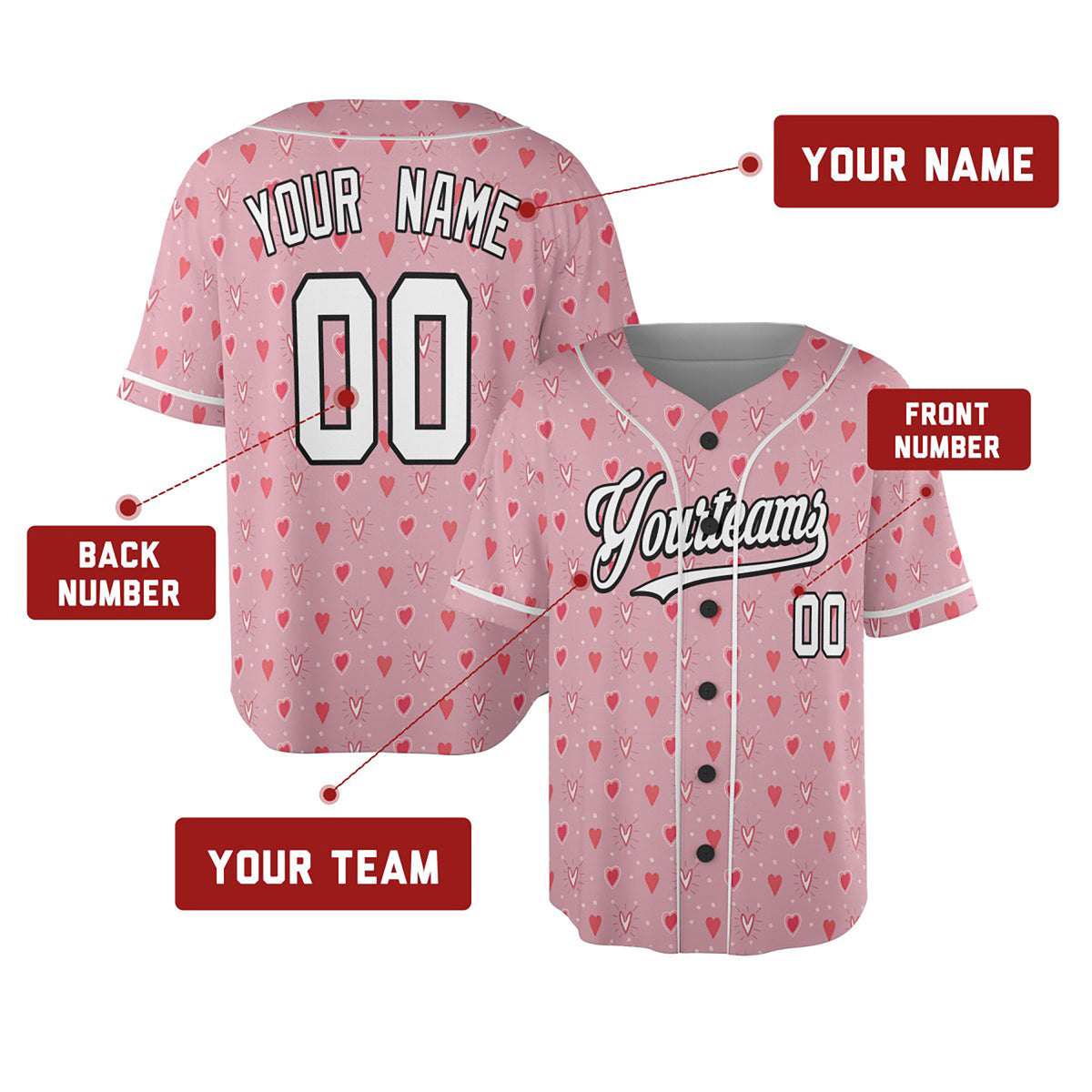Personalized Valentine Baseball Jersey – Pink Tiny Heart Style, Matching Couples Outfit for Kids & Adults-2