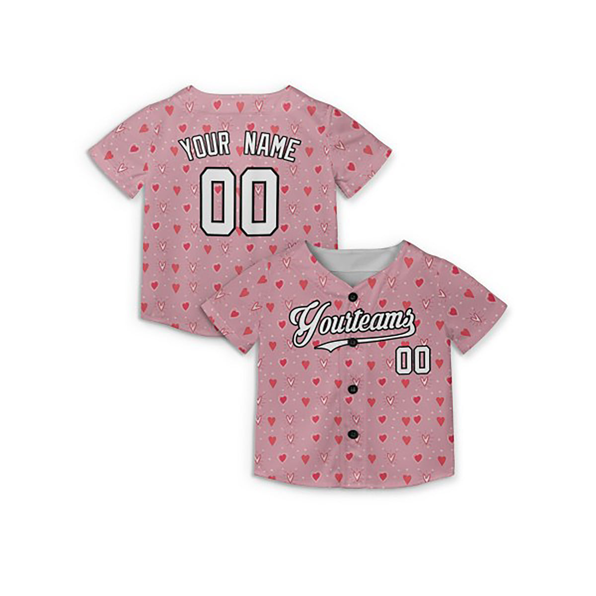 Personalized Valentine Baseball Jersey – Pink Tiny Heart Style, Matching Couples Outfit for Kids & Adults-3