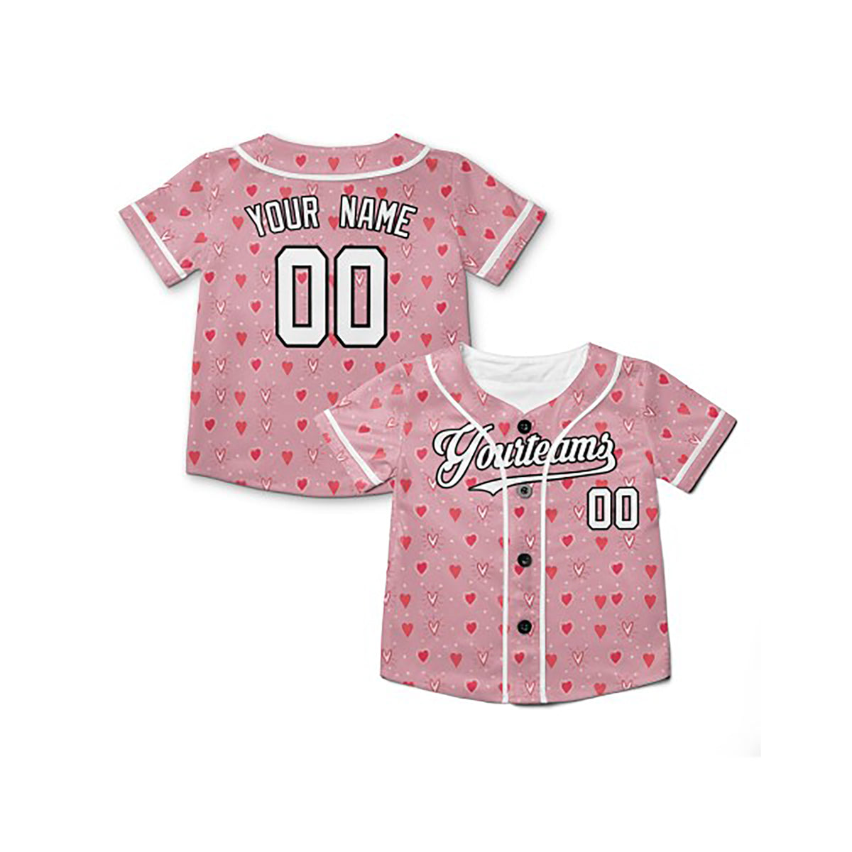 Personalized Valentine Baseball Jersey – Pink Tiny Heart Style, Matching Couples Outfit for Kids & Adults-4