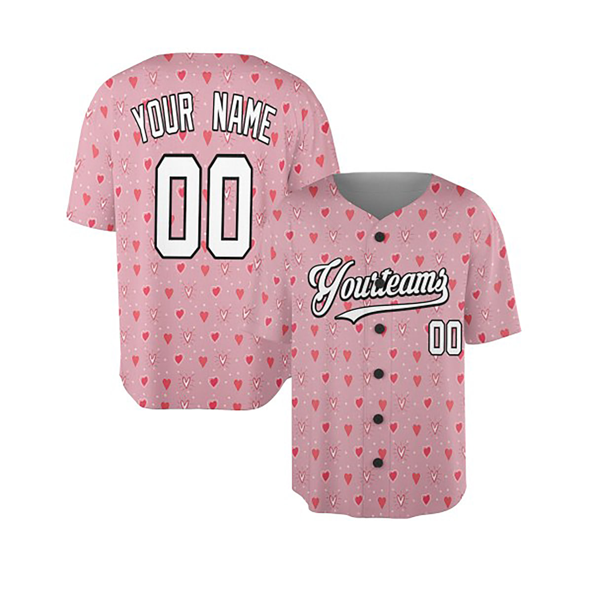 Personalized Valentine Baseball Jersey – Pink Tiny Heart Style, Matching Couples Outfit for Kids & Adults-5