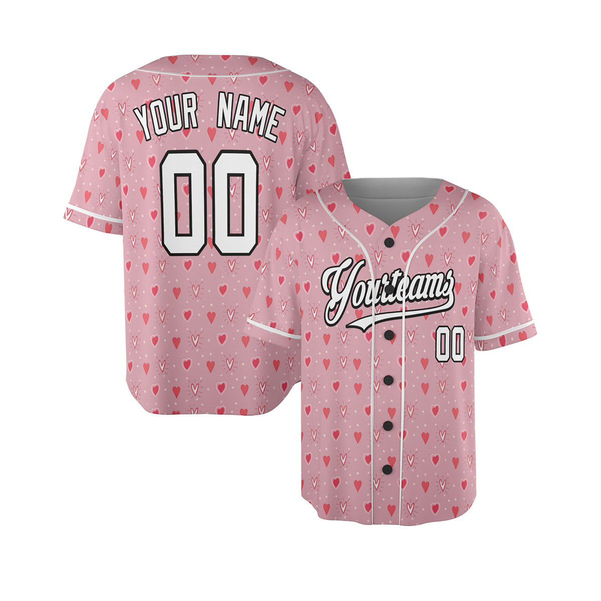 Personalized Valentine Baseball Jersey – Pink Tiny Heart Style, Matching Couples Outfit for Kids & Adults-6