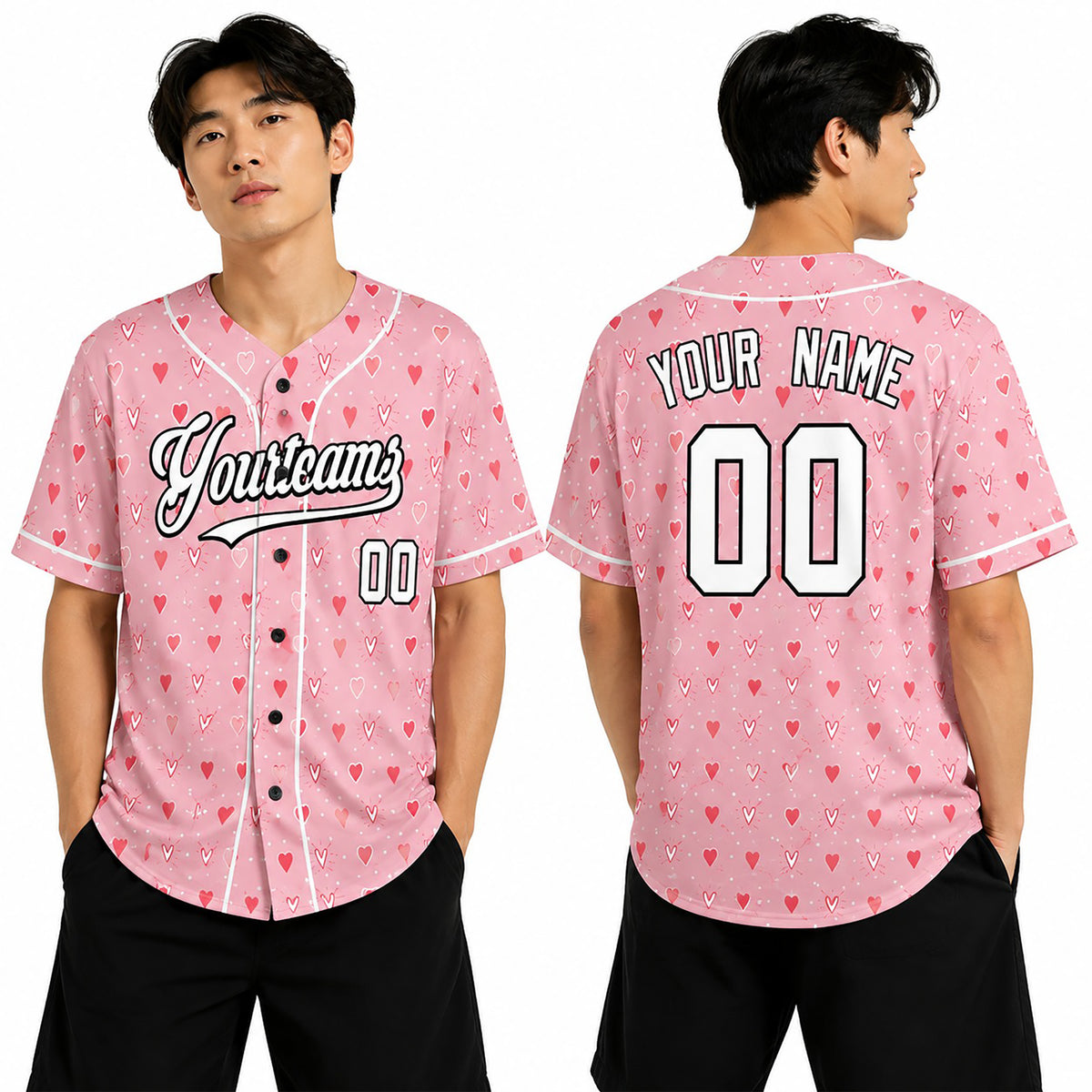 Personalized Valentine Baseball Jersey – Pink Tiny Heart Style, Matching Couples Outfit for Kids & Adults-1