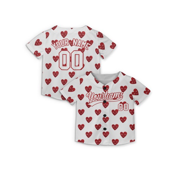 Personalized Valentine Baseball Jersey – White Glitter Red Heart Style, Matching Couples Outfit for Kids & Adults-5