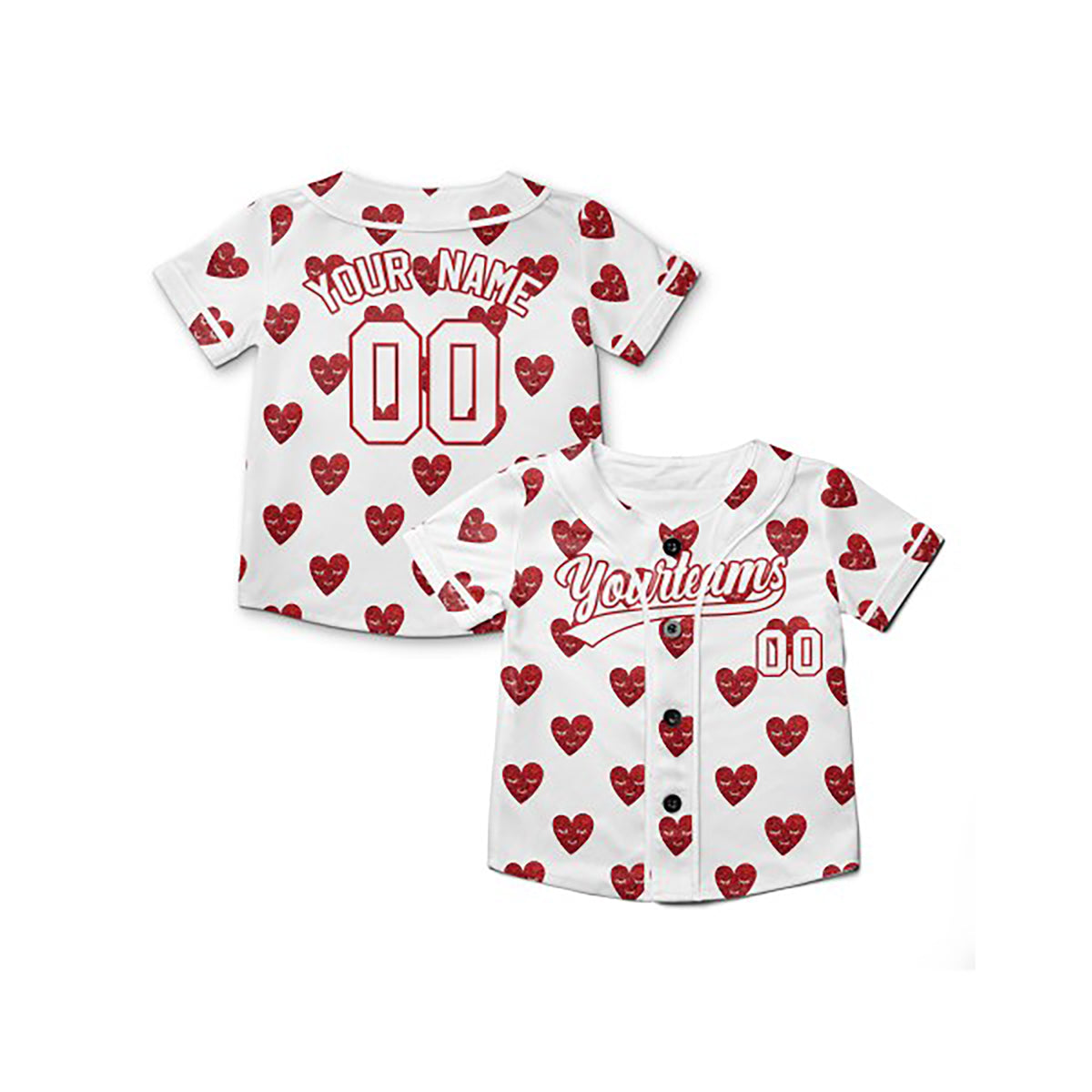 Personalized Valentine Baseball Jersey – White Glitter Red Heart Style, Matching Couples Outfit for Kids & Adults-6