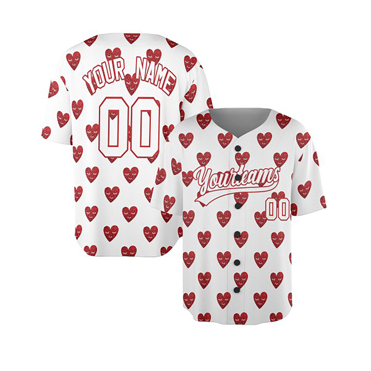 Personalized Valentine Baseball Jersey – White Glitter Red Heart Style, Matching Couples Outfit for Kids & Adults-3