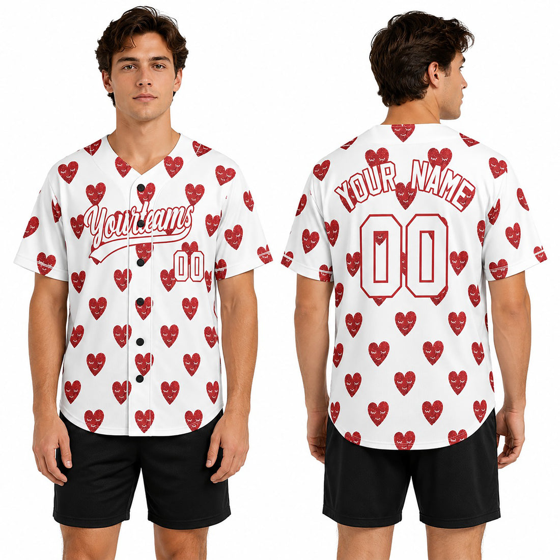 Personalized Valentine Baseball Jersey – White Glitter Red Heart Style, Matching Couples Outfit for Kids & Adults-1