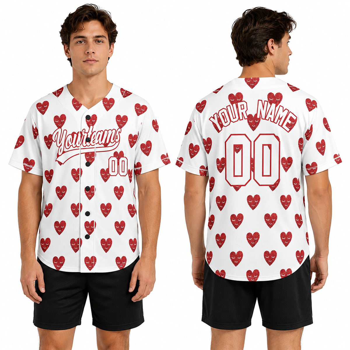 Personalized Valentine Baseball Jersey – White Glitter Red Heart Style, Matching Couples Outfit for Kids & Adults-1