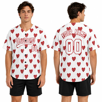 Personalized Valentine Baseball Jersey – White Glitter Red Heart Style, Matching Couples Outfit for Kids & Adults-1