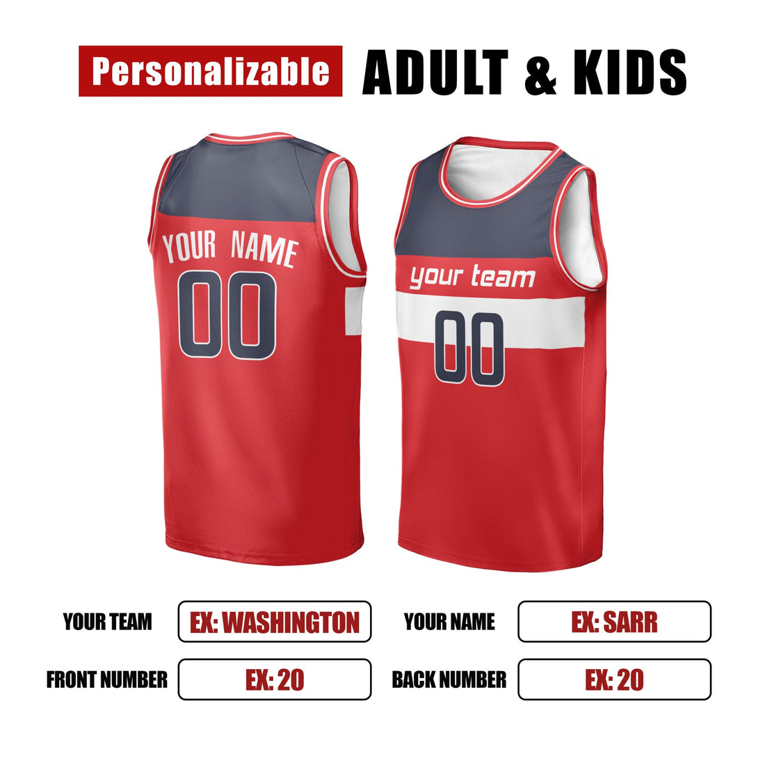 Personalized Washington Basketball Jersey – Red Classic Style, Custom Name & Number for Kids, Youth & Adults-1