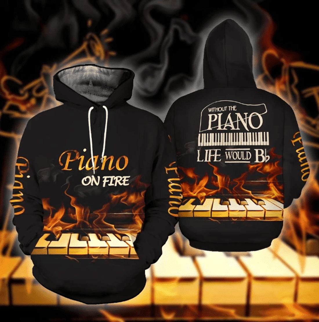 FUNSTUFFPRINT Piano On Fire 3D Hoodie and Zip Hoodie