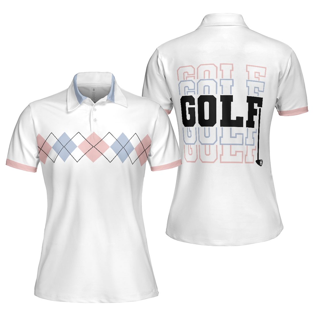Pink Blue And Black Argyle Golf Short Sleeve Women Polo Shirt