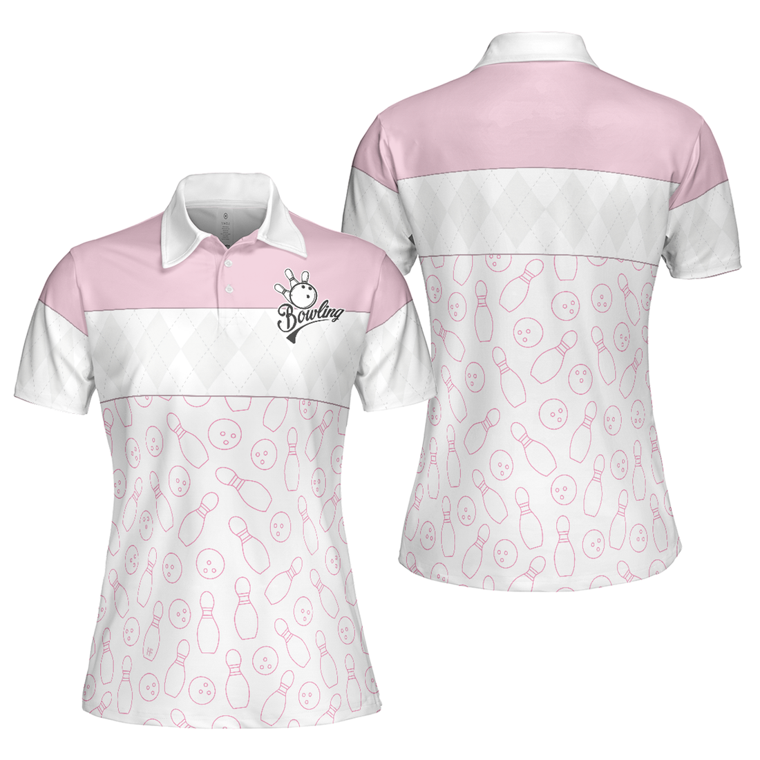Pink Bowling Balls And Pins Pattern Bowling Short Sleeve Women Polo Shirt, White Bowling Polo Shirt For Ladies