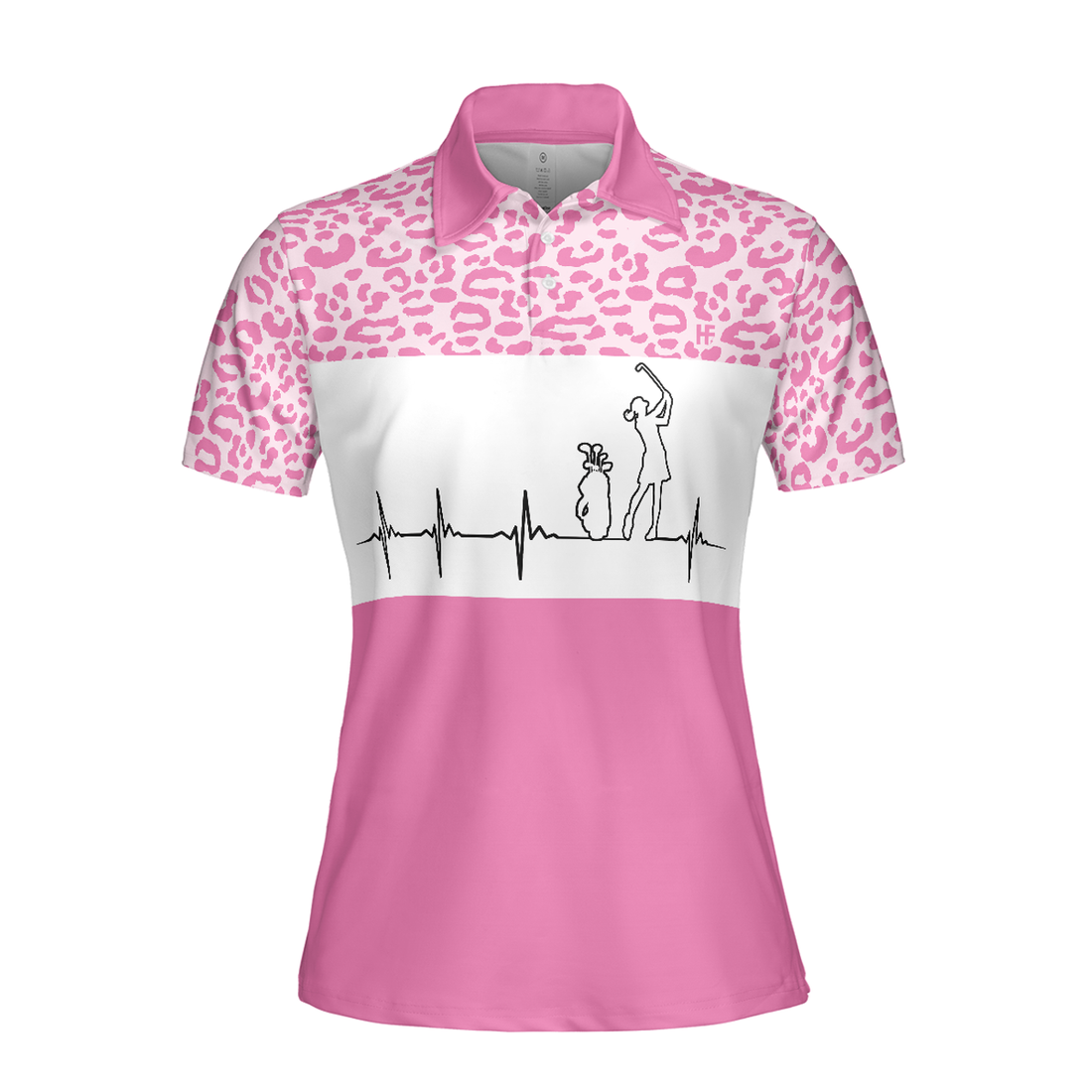 Pink Golfbeat Leopard Golf Short Sleeve Women Polo Shirt, Heartbeat Golfing Polo Shirt For Ladies