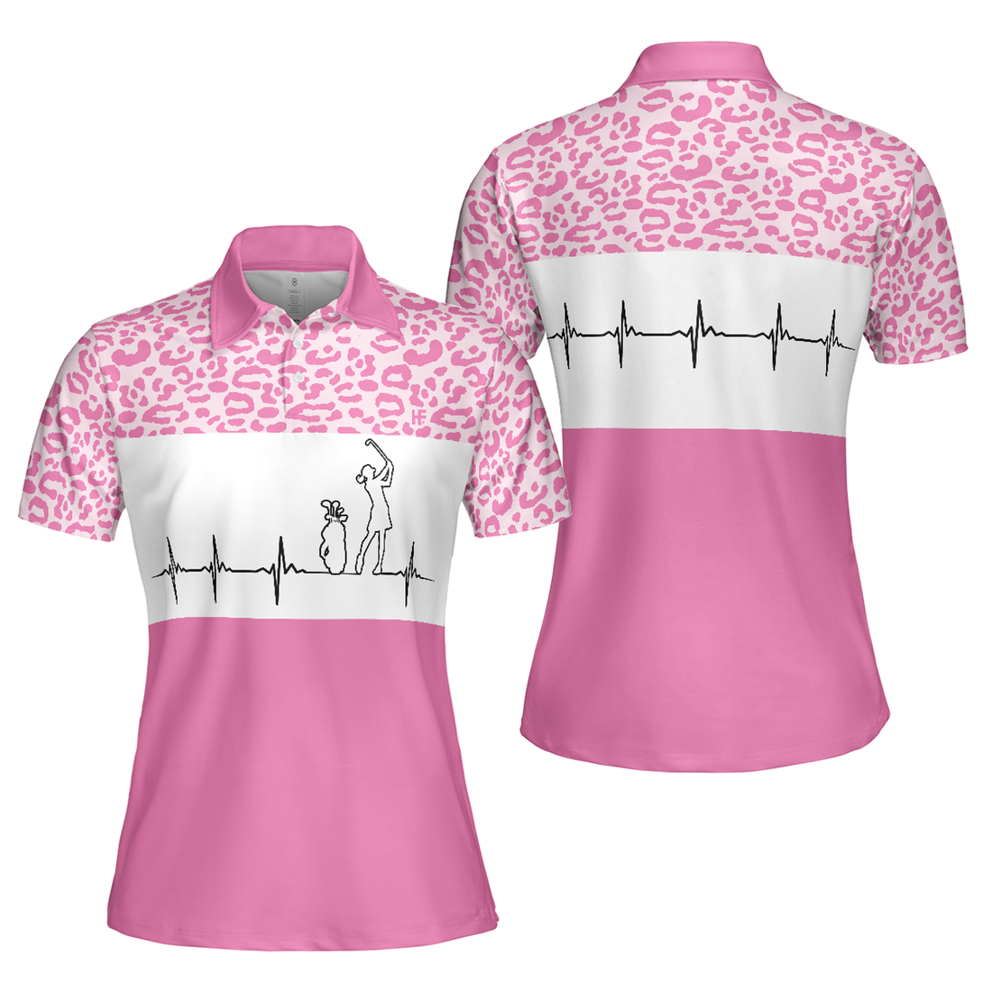 Pink Golfbeat Leopard Golf Short Sleeve Women Polo Shirt, Heartbeat Golfing Polo Shirt For Ladies