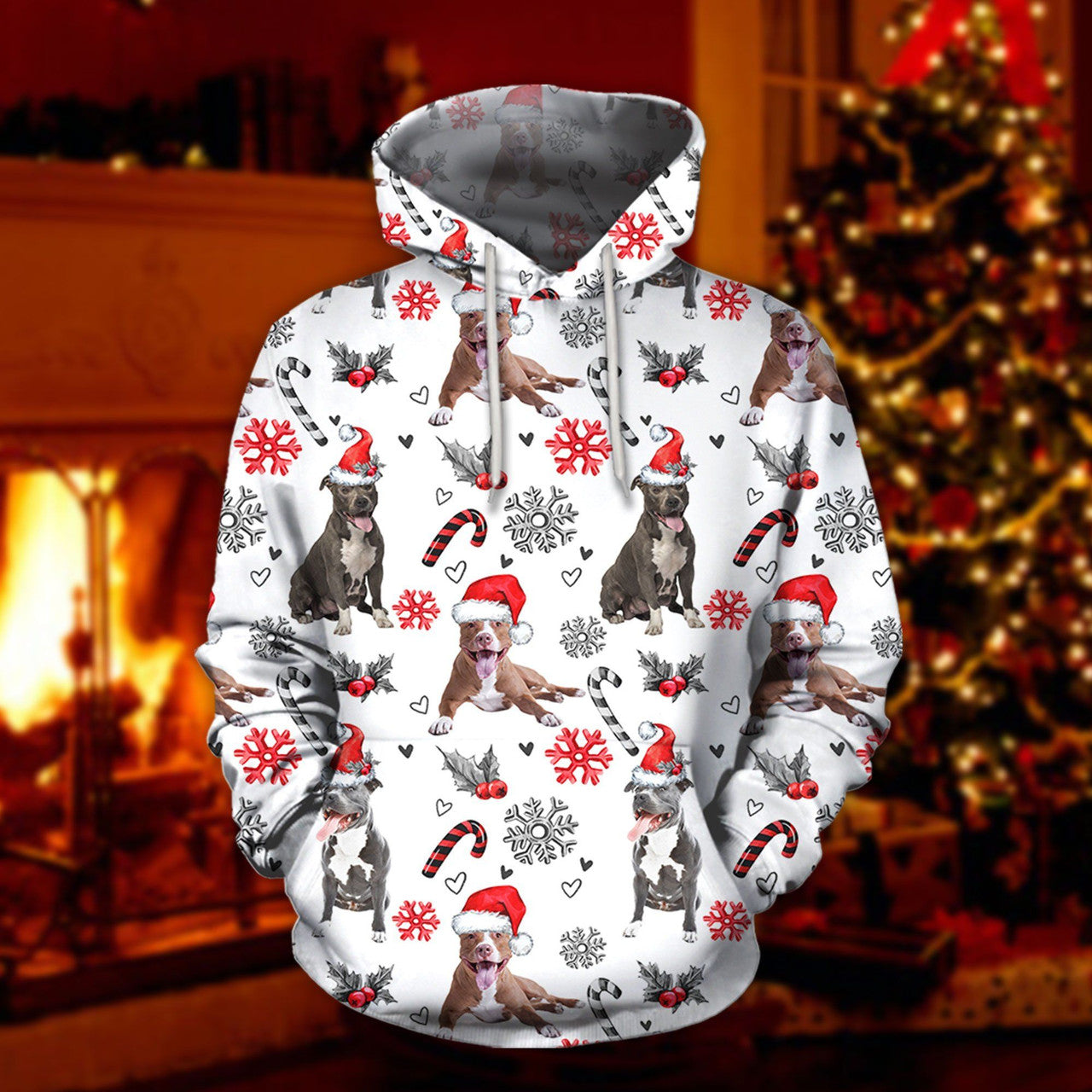 FUNSTUFFPRINT Pit Bull Christmas 3D Hoodie and Zip Hoodie