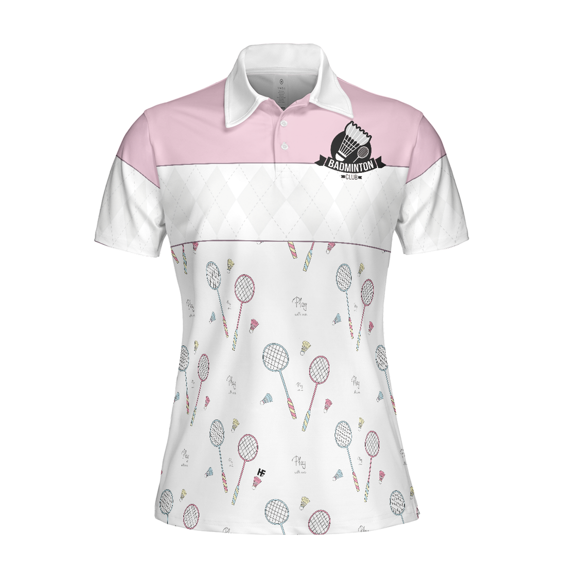 Play With Me Badminton Short Sleeve Women Polo Shirt, White And Pink Badminton Shirt For Women