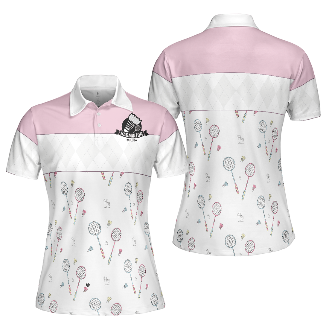 Play With Me Badminton Short Sleeve Women Polo Shirt, White And Pink Badminton Shirt For Women