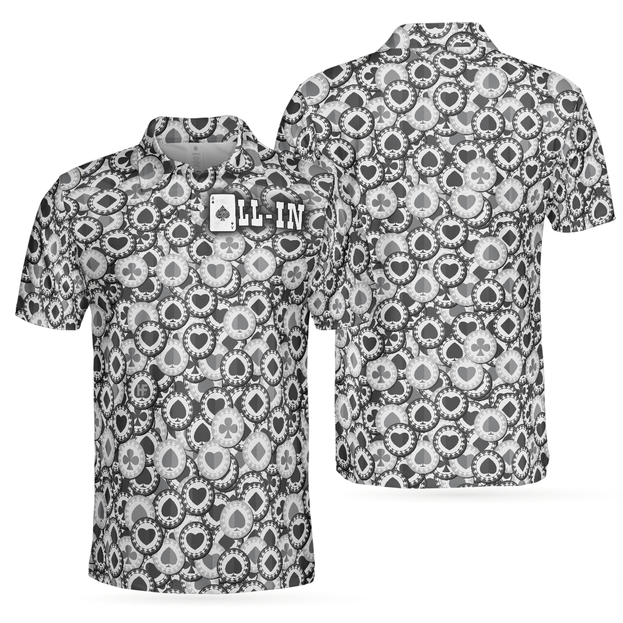 Poker All In Short Sleeve Polo Shirt, Black And White Poker Chip Pattern Polo Shirt, Best Poker Shirt For Men