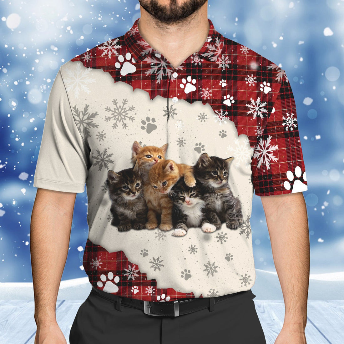 FUNSTUFFPRINT Cat And Snow 3D Full Print Men'S Polo Shirt S-5XL