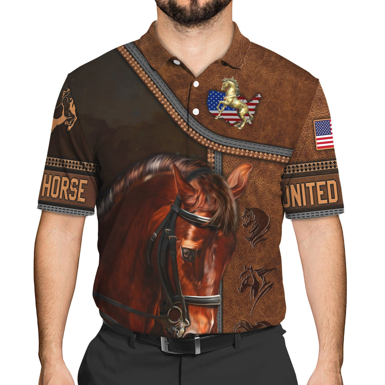FUNSTUFFPRINT Brown Horse Polo Shirt Size S-5XL