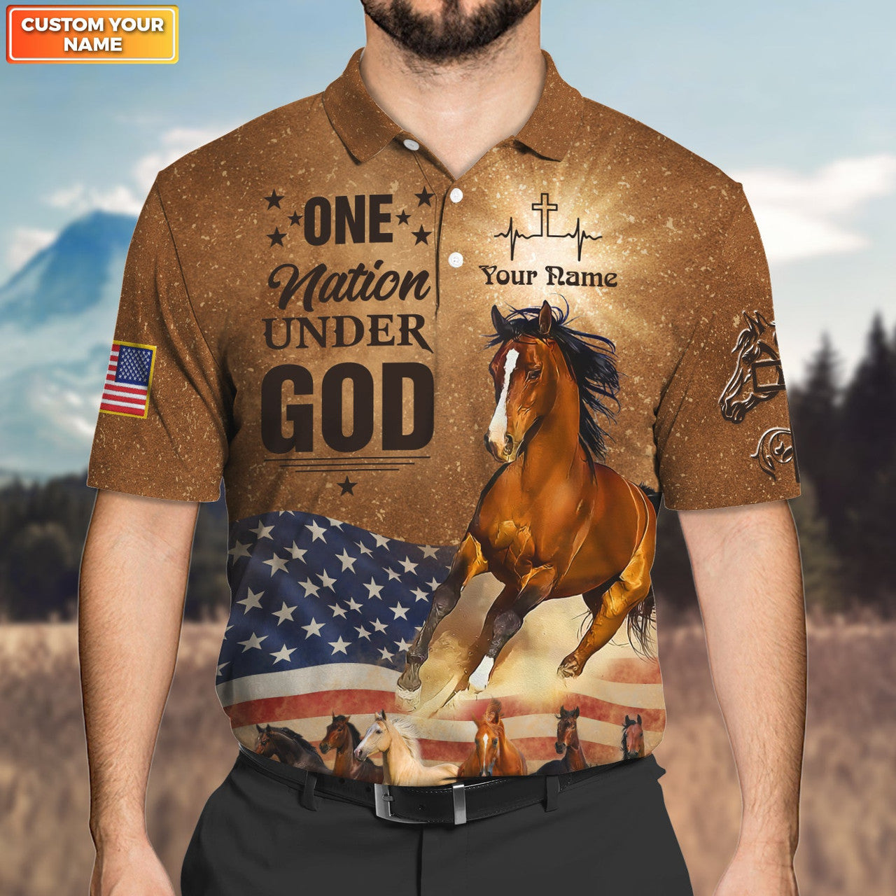 FUNSTUFFPRINT Personalized Horse Jesus One Nation Under God Polo Shirt Size S-5XL