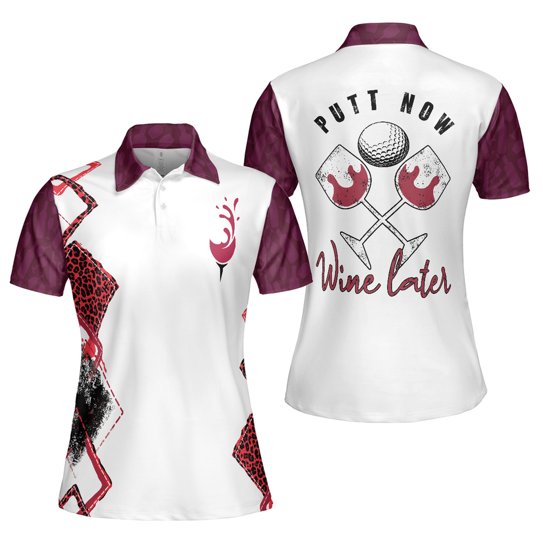 Putt Now Wine Later Elegant Leopard Pattern Golf Short Sleeve Women Polo Shirt, Golf Shirt For Ladies