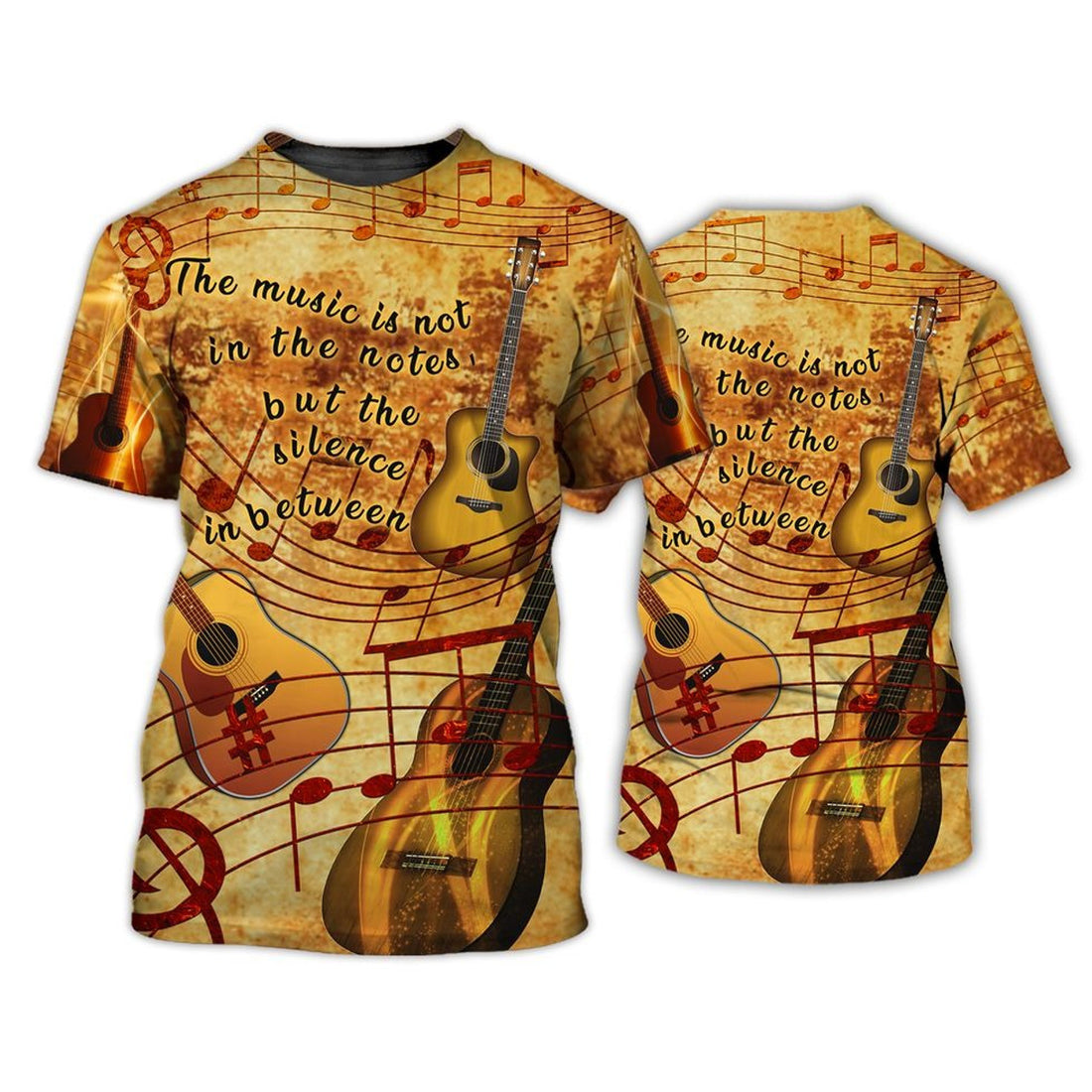 FUNSTUFFPRINT Guitar The Music Is In The Silence 3D T-Shirt, 3D All Over Print Guitar Shirt 3D T-shirt