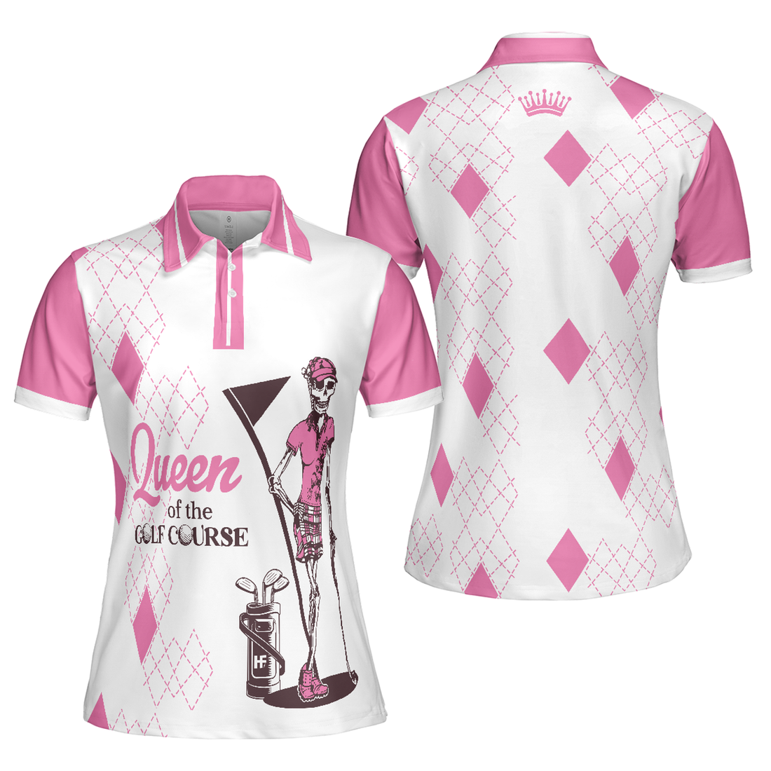 Queen Of The Golf Short Sleeve Women Polo Shirt, White And Pink Argyle Pattern Golf Shirt For Women