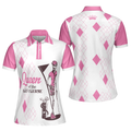 Queen Of The Golf Short Sleeve Women Polo Shirt, White And Pink Argyle Pattern Golf Shirt For Women