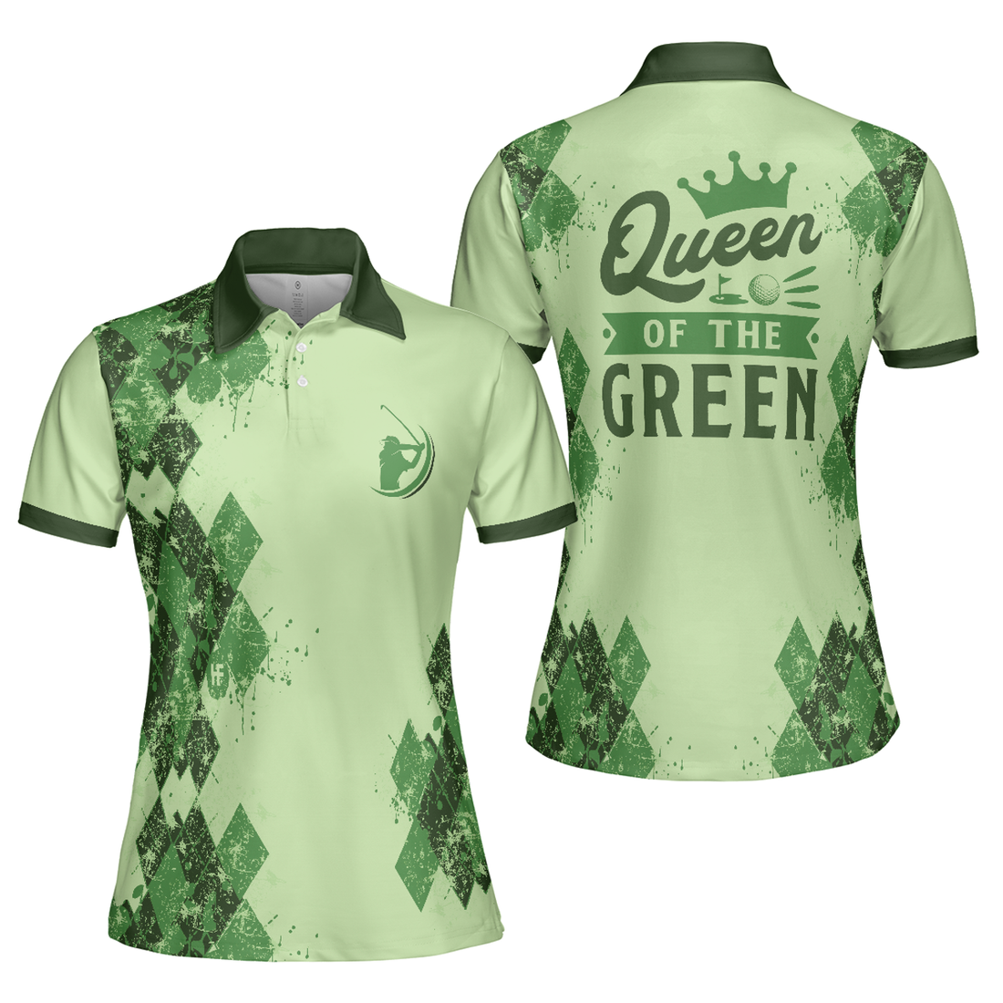 Queen Of The Green Golf Girl Short Sleeve Women Polo Shirt, Green Argyle Pattern Golf Shirt, Cool Golf Gift For Women