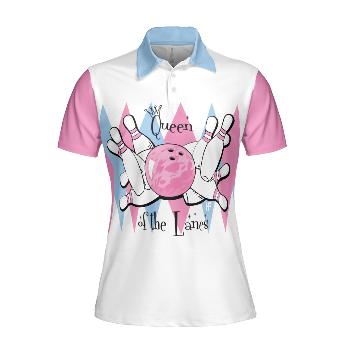 Queen Of The Lanes Pink And Blue Bowling Short Sleeve Women Polo Shirt, Bowling Shirt For Ladies