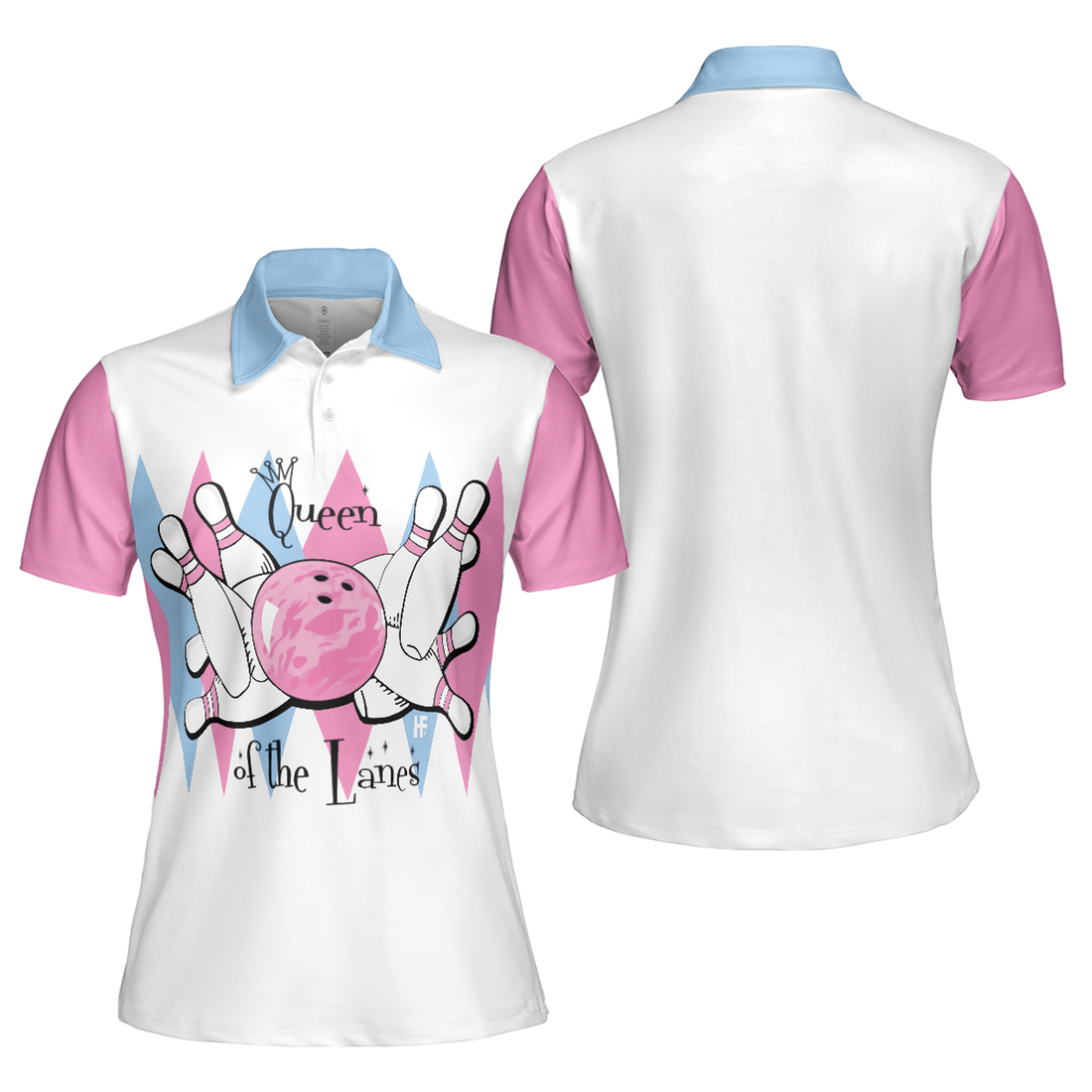 Queen Of The Lanes Pink And Blue Bowling Short Sleeve Women Polo Shirt, Bowling Shirt For Ladies