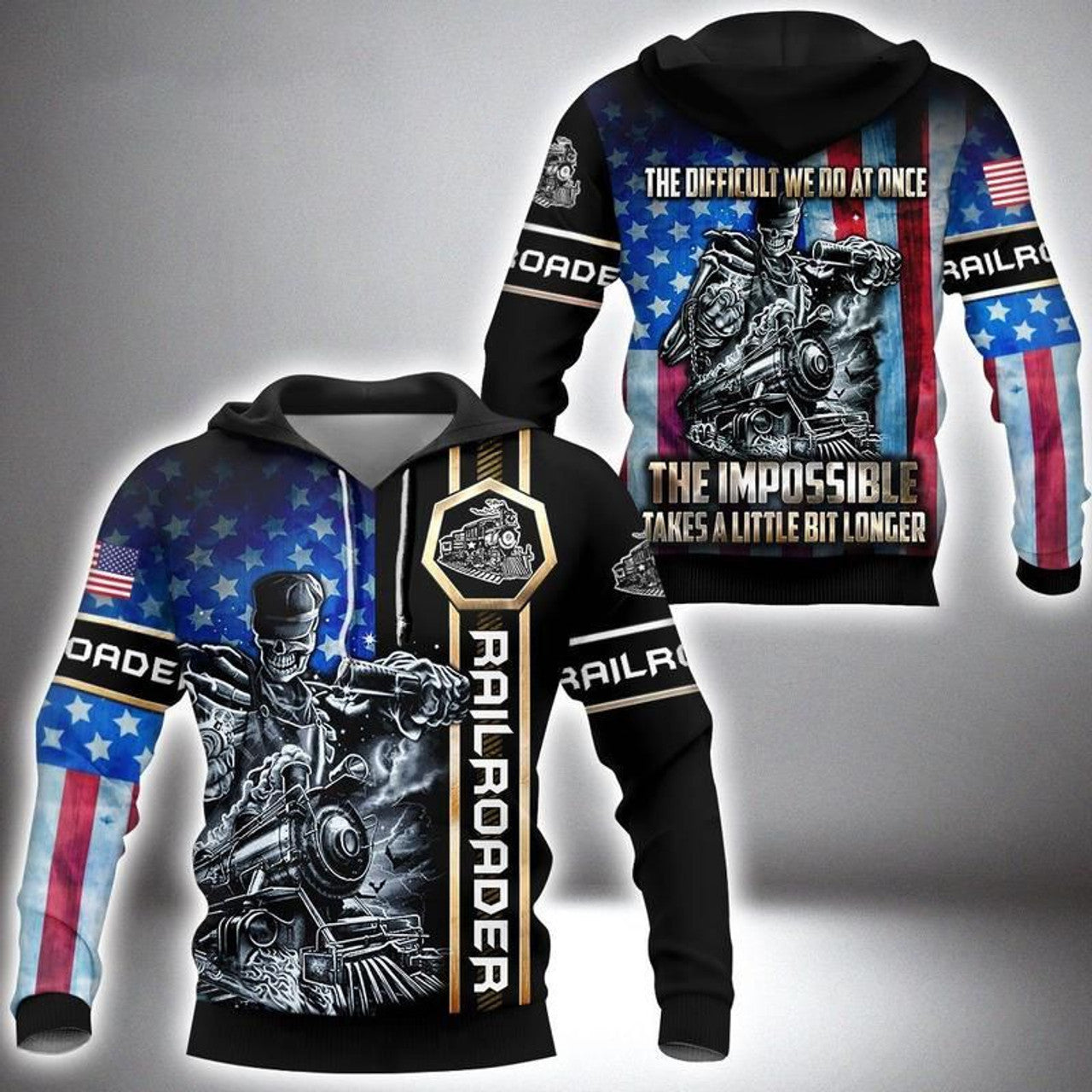 FUNSTUFFPRINT Railroad Shirt Unique Railroader Train Locomotive Skull Art 3D Hoodie and Zip Hoodie