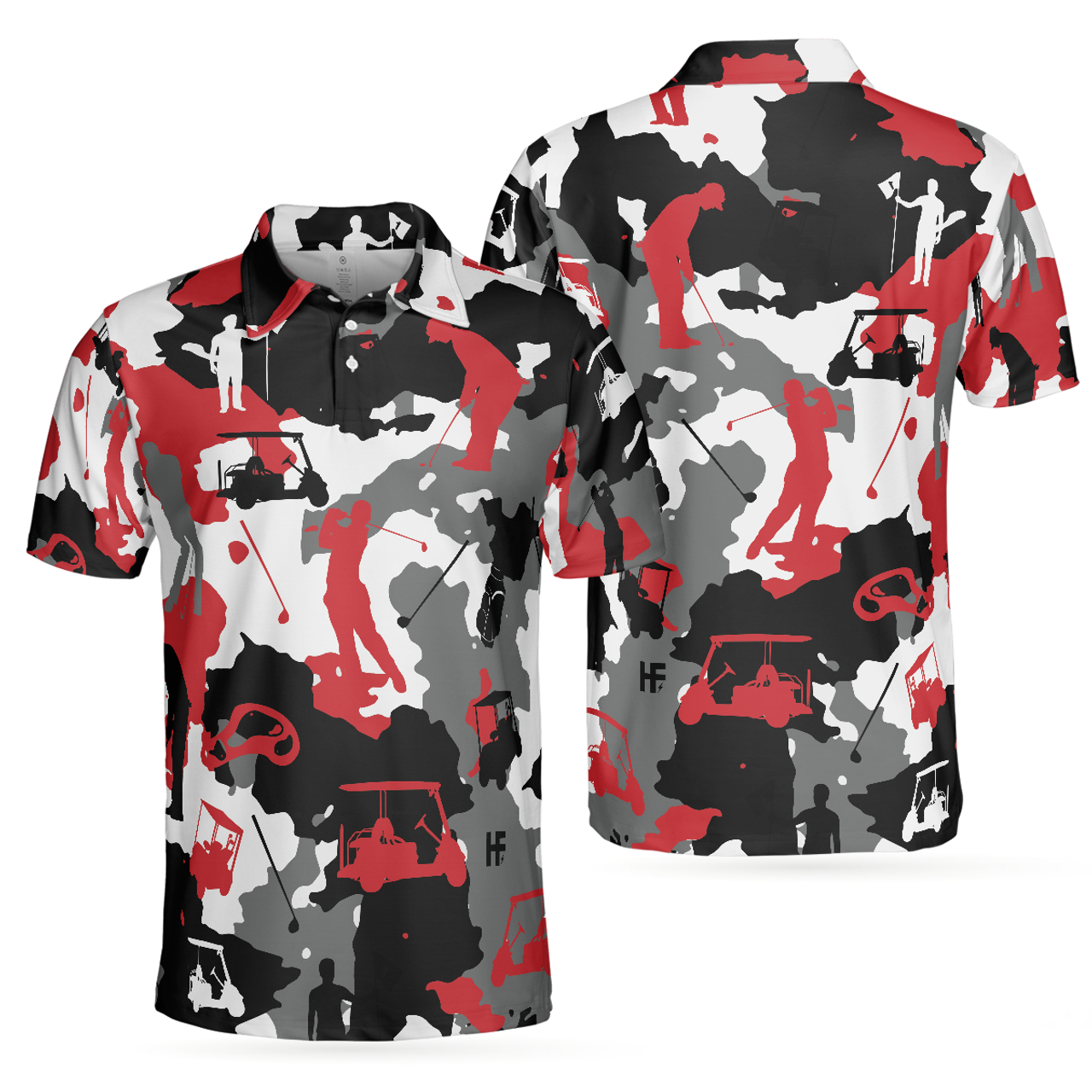 Red And White Camouflage Golf Short Sleeve Polo Shirt, Golfer Silhouette Polo Shirt, Camo Golf Shirt For Men